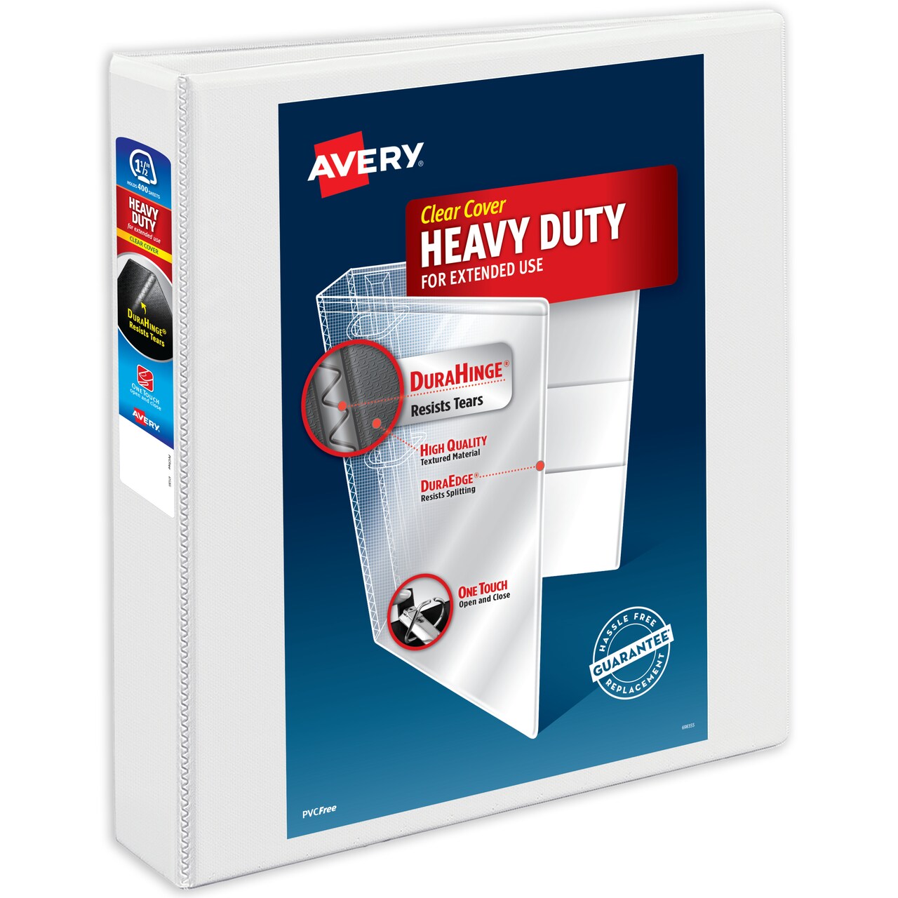 Avery Heavy-Duty View 3 Ring Binder, 1.5 Inch One Touch Slant Rings, 375-Sheet Capacity, DuraHinge, 2.1 Inch Wide Spine, Customizable Clear Cover and Spine, 1 White Binder (79795)